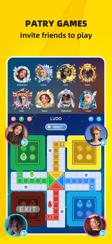 Ahlan TopOne-Group Voice Chat - Pantalla móvil mostrando a usuarios jugando Ludo en una sala de chat de voz grupal en la aplicación Ahlan TopOne.