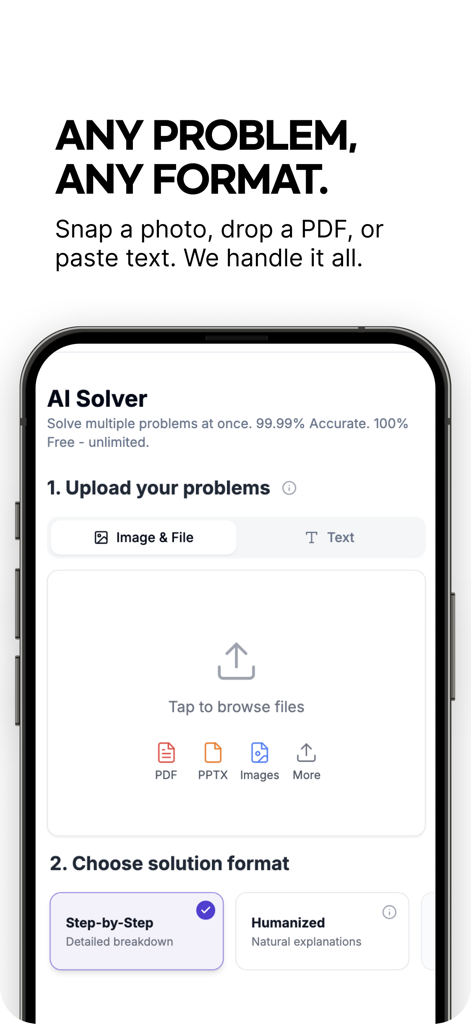 GPAI: AI Homework Solver - GPAI app interface for uploading homework problems with options for step by step or humanized solutions