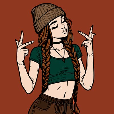 realistic teenage girl with braids and a beanie and crop top doing 🫶🏼
