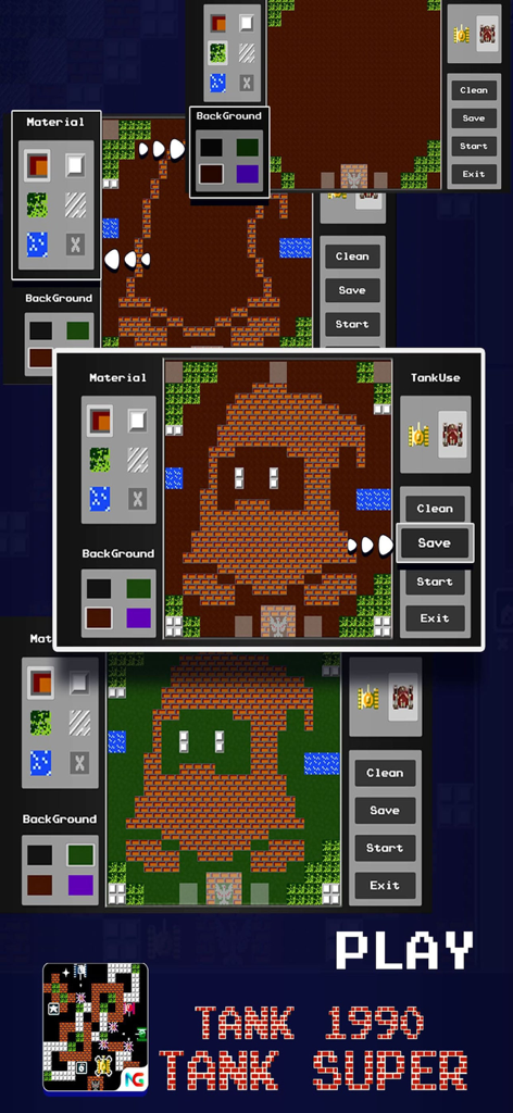 Interface of the custom map builder in Tank 1990 Battle City showing various terrain materials and editing tools