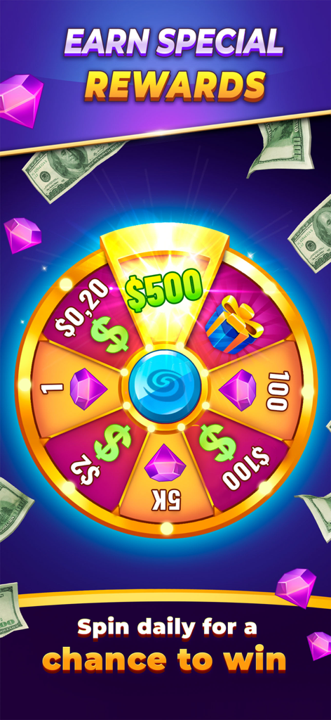 Una rueda de premios diaria en Backspin Games con recompensas en efectivo y diamantes con el texto Gana Recompensas Especiales.