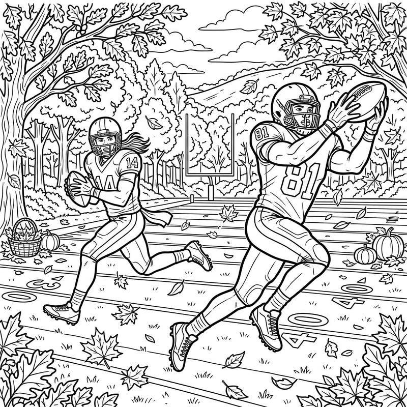 Get ready for game day with this exciting coloring page featuring wide receivers in action on a vibrant autumn football field. Perfect for sports fans and fall enthusiasts, bring this dynamic scene to life with your favorite colors.