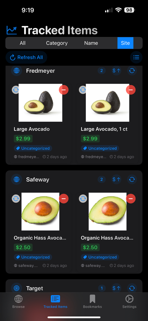 Panel de Navegador de Precios Lio que muestra los precios de comestibles rastreados de Fred Meyer y Safeway.