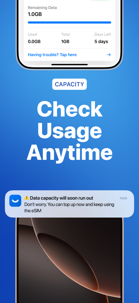 Travel eSIM from $1.99 | Simmy - Mobile app interface showing real-time travel eSIM data usage and a low capacity notification for top-up