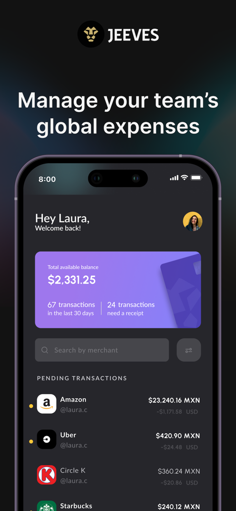 Jeeves Mobile app dashboard showing total available balance and pending team transactions in multiple currencies