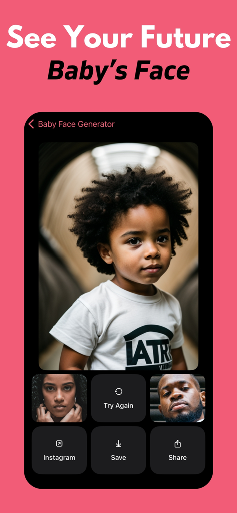Baby Face Generator: AI Future - Interface of the Baby Face Generator app showing an AI-generated baby face with options to share on Instagram or save the image.