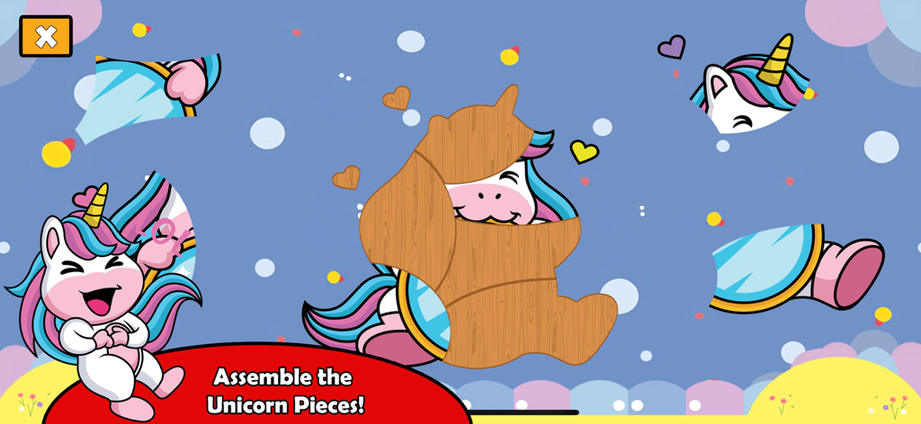Unicorn Puzzle Game - Una colorida pantalla de juego del puzle de unicornios que muestra el modo de ensamblaje de piezas para niños