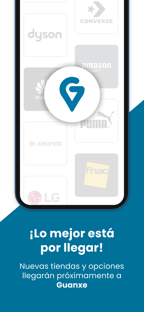 Pantalla de la aplicación móvil Guanxe que muestra logotipos de marcas como Amazon y Zalando con un anuncio de próxima tienda