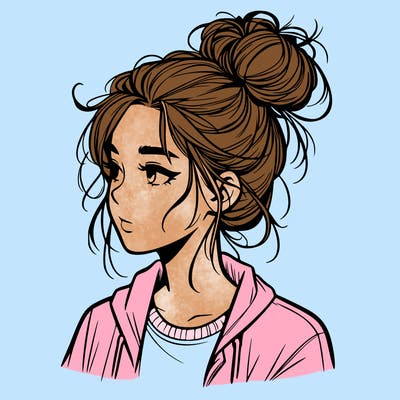 realistic teenage girl with a messy bun