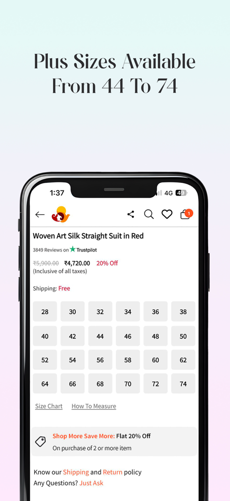 Utsav Fashion: Online Shopping - Écran de l'application Utsav Fashion présentant des tailles plus grandes du 44 au 74 pour les vêtements ethniques indiens.