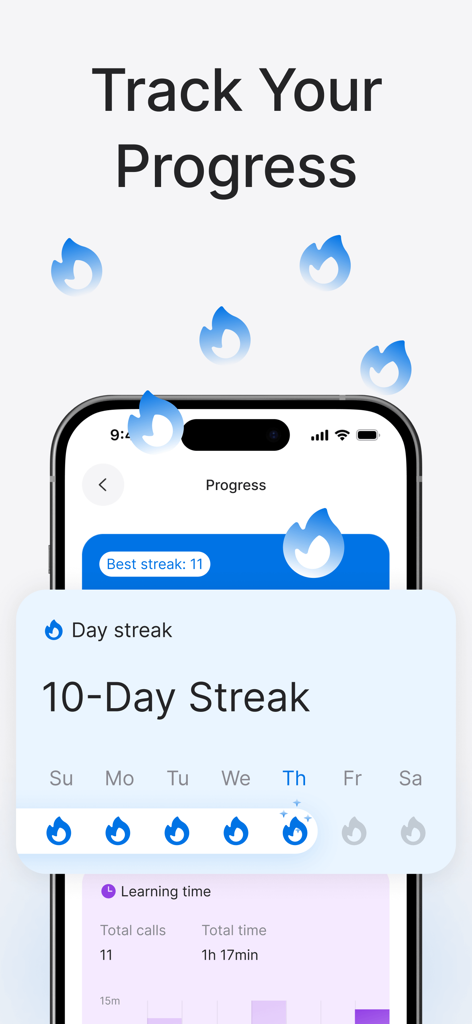 Learn Languages: Speak Avatar - Interface of the Speak Avatar app showing a 10 day learning streak and progress tracking dashboard