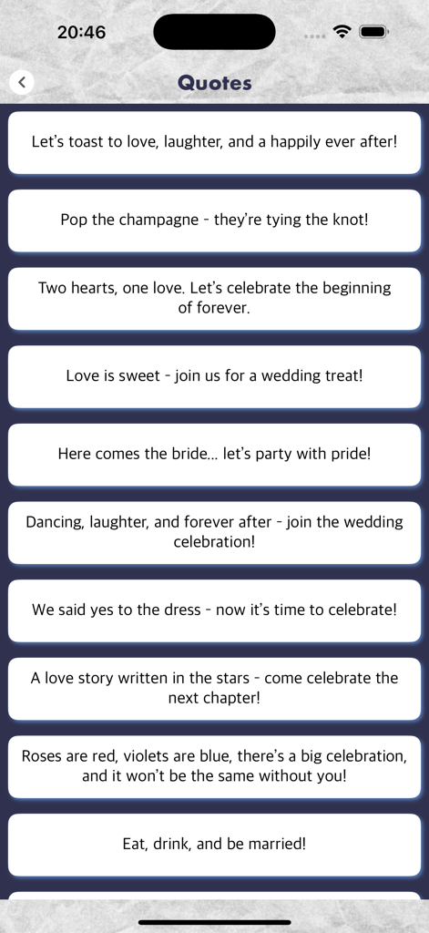 FPE OC Maker - FPE Stickers - A screen showing various wedding and celebration quotes for custom cards within the FPE OC Maker app
