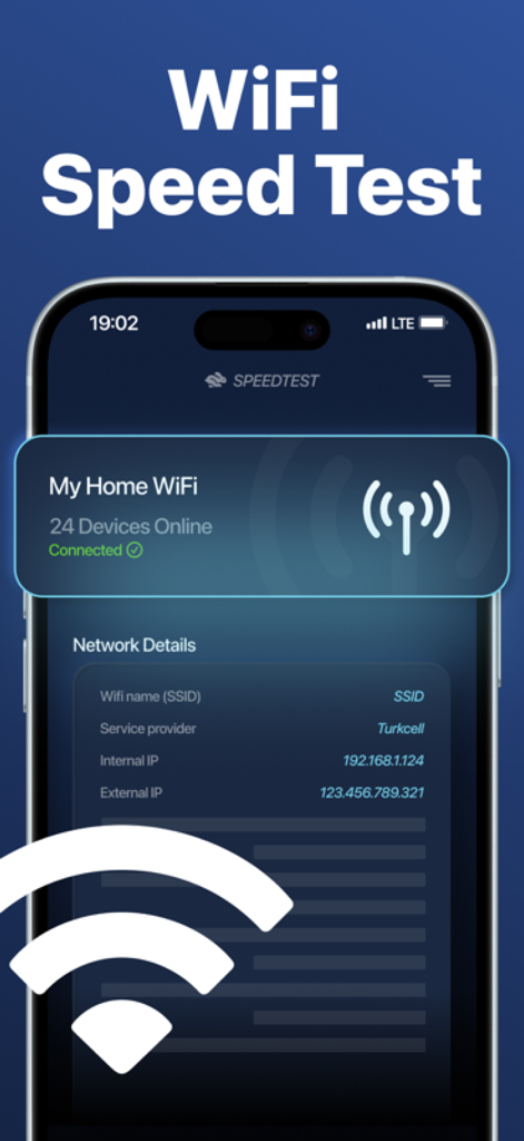 Interface do aplicativo WiFi Tester exibindo detalhes da rede doméstica e contagem de dispositivos conectados.