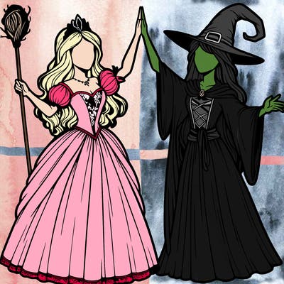 detailed realistic split of a princess and a witch