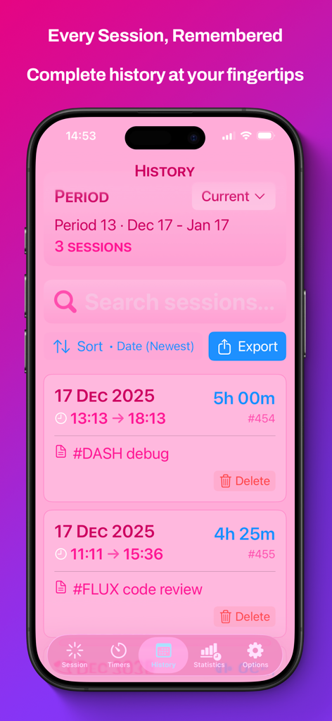Claude Counter - Captura de pantalla de la aplicación Claude Counter que muestra un registro detallado del historial de sesiones con descripciones de proyectos y seguimiento del tiempo para sesiones de IA.