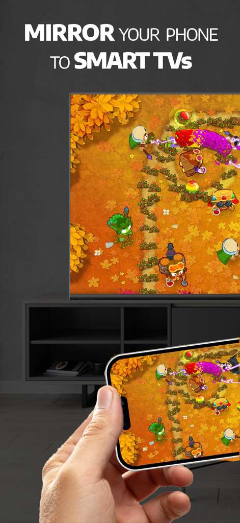 An iPhone screen mirroring a mobile game to a large Smart TV screen