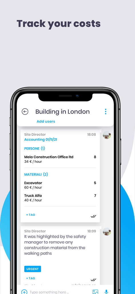 Mela Works App Benutzeroberfläche zeigt die Baukosten für Personal und Maschinen an.