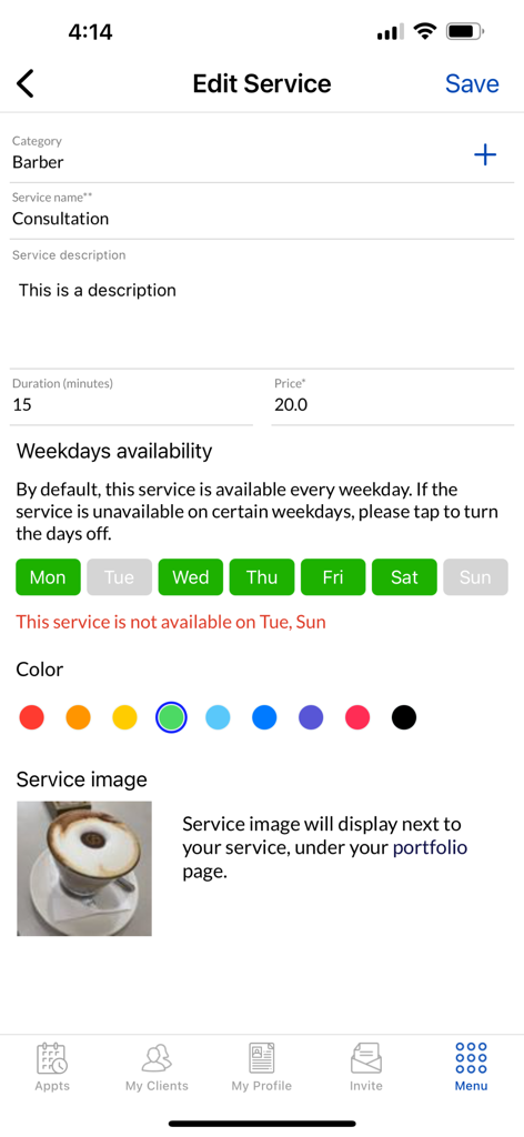 Ring My Loctician: Booking App - Interface for editing service details like name price and weekly availability in the Ring My Loctician app
