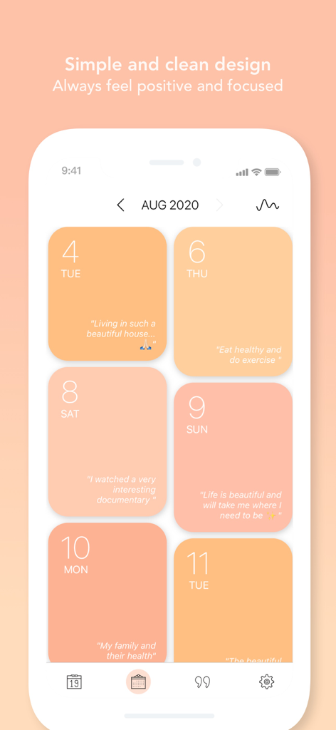 Morning! - Gratitude Journal - Morning Dankbarkeitstagebuch-App Kalenderansicht mit farbenfrohen Kacheln mit täglichen Eintrags-Snippets