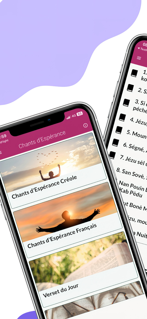 Chants d'Espérance - Mobile app interface for Chants d Esperance featuring categories for French and Creole hymns and a daily verse
