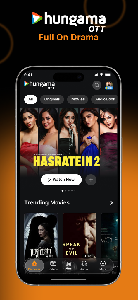 Hungama OTT: Shows & Movies - Smartphone screen showing the Hungama OTT app home page with original shows and movies.