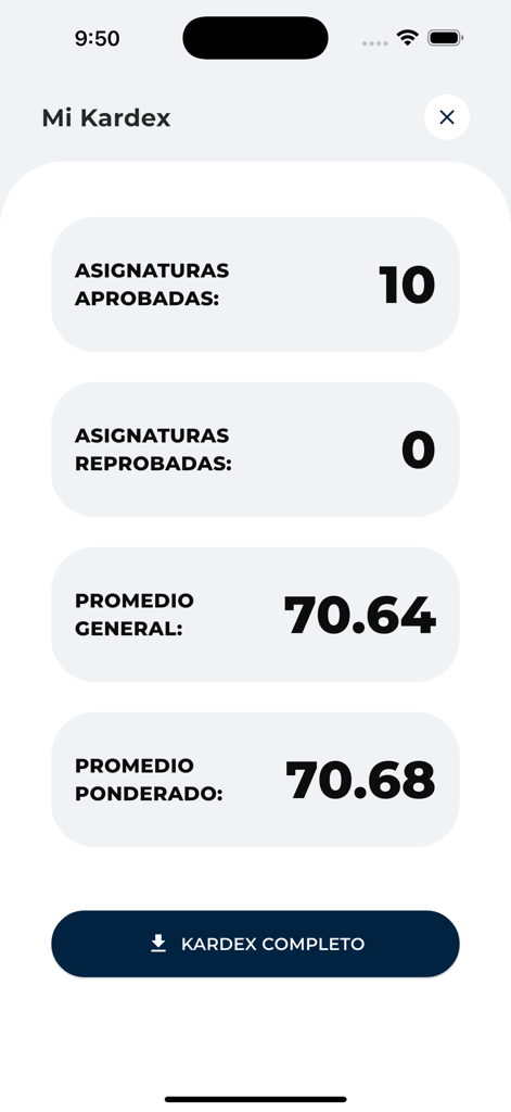 Schermata dell'app UCB Movil che mostra un riepilogo della trascrizione accademica con materie superate e voti medi.