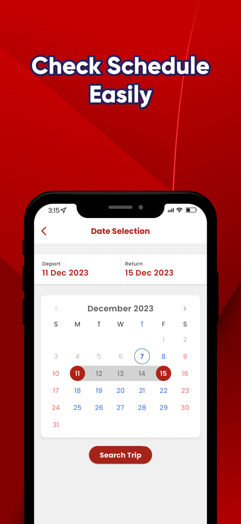 KKKL Travel and Tour - KKKL Travel and Tour app date selection screen for bus schedule booking
