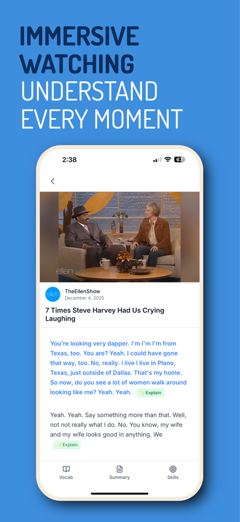 Lexioo app immersive watching screen featuring a video with a live English transcript and explanation buttons