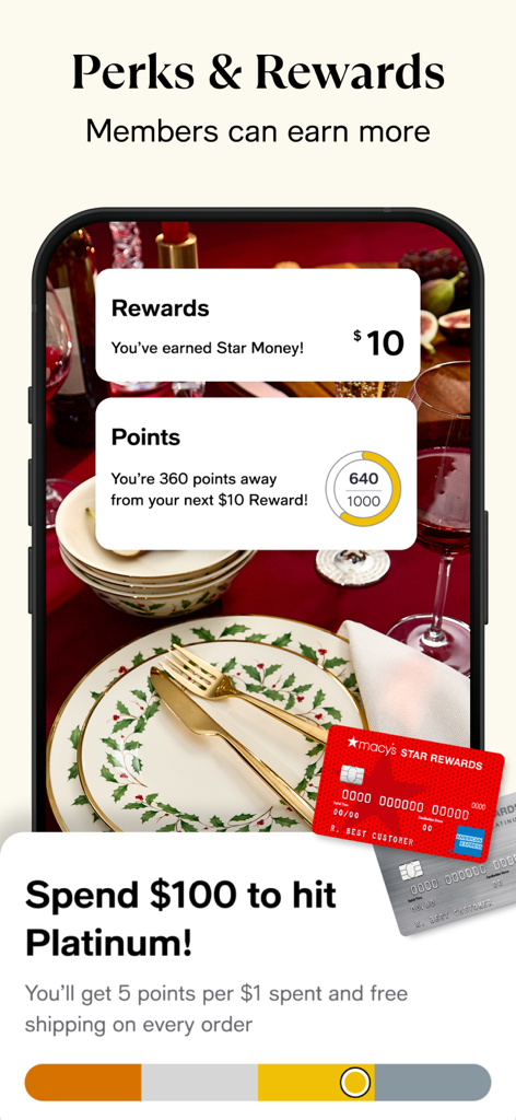 Tela do aplicativo Macy's exibindo o progresso dos pontos Star Rewards e o saldo do Star Money sobre uma mesa festiva de fim de ano decorada