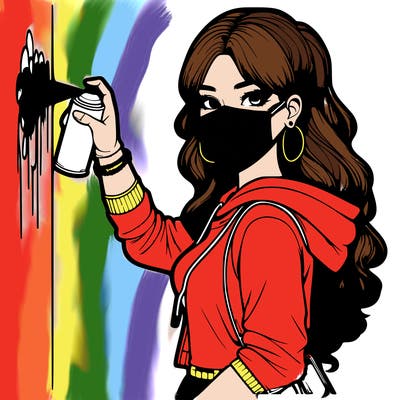 realistic girl with mask spray painting a wall