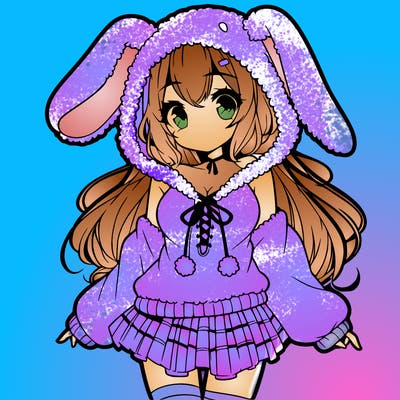 pretty anime girl wearing a fluffy hoodie with bunny ears on the hood and a skirt