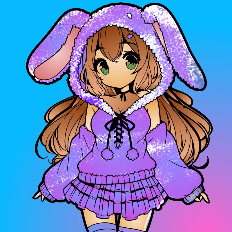 pretty anime girl wearing a fluffy hoodie with bunny ears on the hood and a skirt