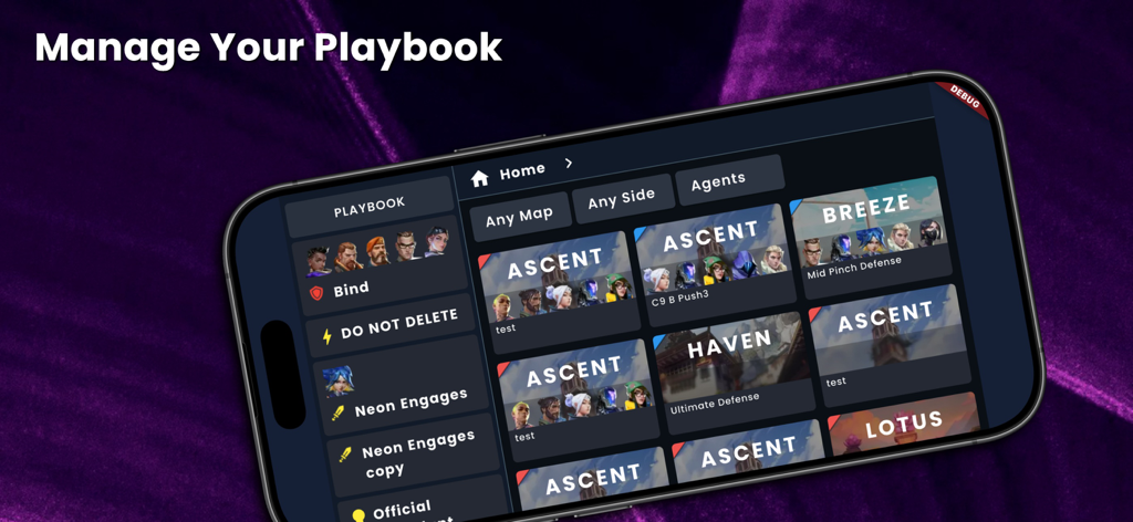 VP 발로란트의 모바일 앱 인터페이스에 Ascent 및 Haven과 같은 게임 맵별로 구성된 전략 플레이북 표시