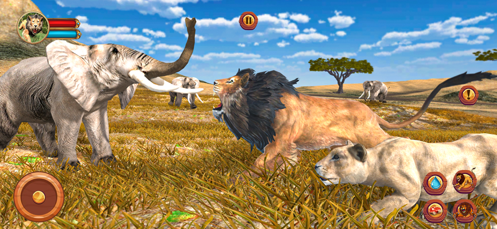 Un león y una leona enfrentándose a un elefante en un entorno de juego de simulación de safari en 3D
