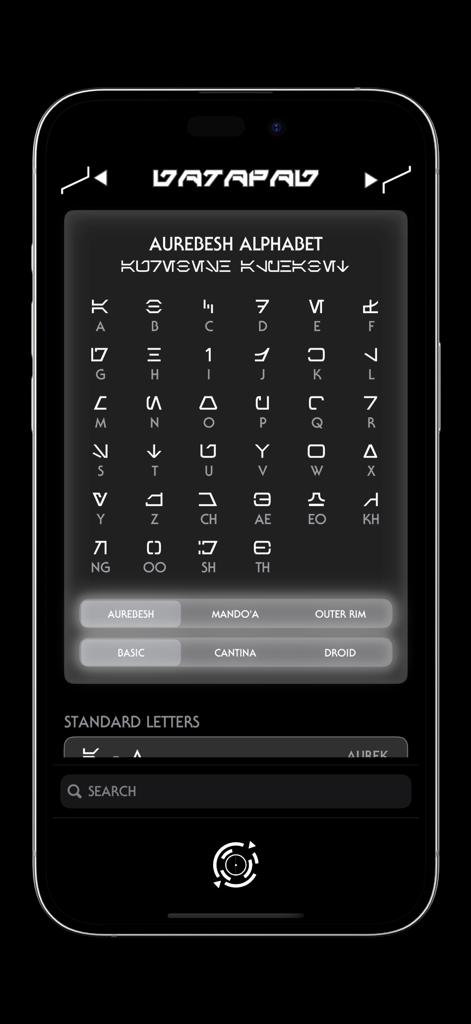 Una interfaz de aplicación móvil que muestra una cuadrícula de caracteres Aurebés con sus letras inglesas correspondientes.