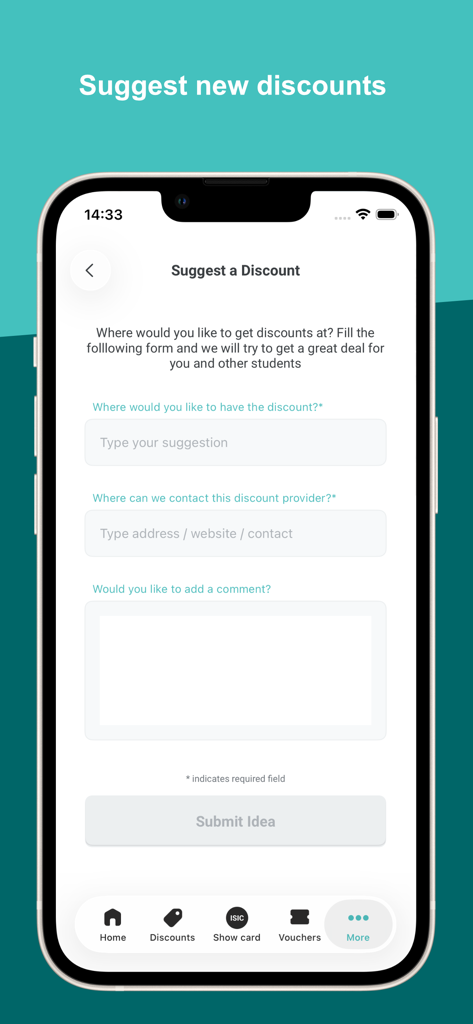 Pantalla móvil de la app ISIC mostrando un formulario para sugerir nuevos descuentos para estudiantes.