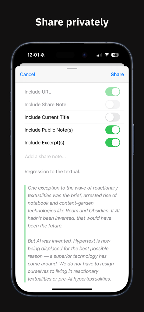 Interfaz de uso compartido privado de la aplicación Subset Network con interruptores para notas y fragmentos