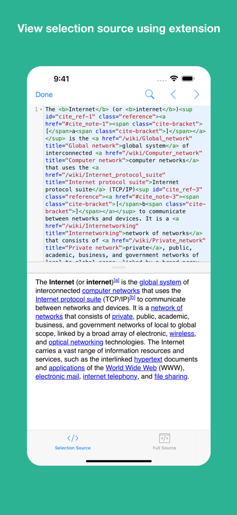 View Selection Source - Interfaz de la aplicación móvil que muestra el código fuente HTML en la parte superior y una vista previa del contenido web en la parte inferior.