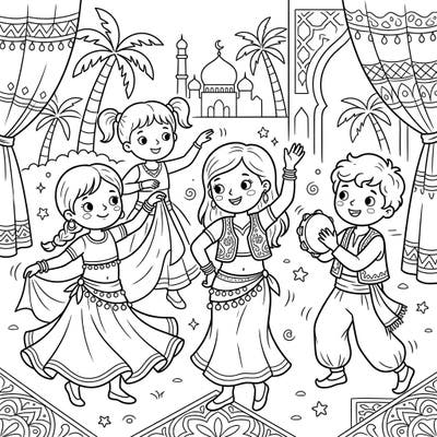 Dive into the vibrant world of Middle Eastern dance with this adorable coloring page! Featuring joyful kids in traditional belly dance outfits, it's perfect for inspiring young artists.