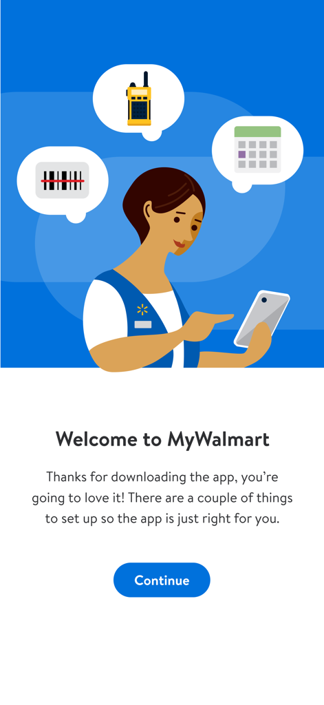 Willkommensbildschirm der MyWalmart-App mit einer Illustration eines Walmart-Mitarbeiters und Symbolen für Zeitplanung, Kommunikation und Scannen.