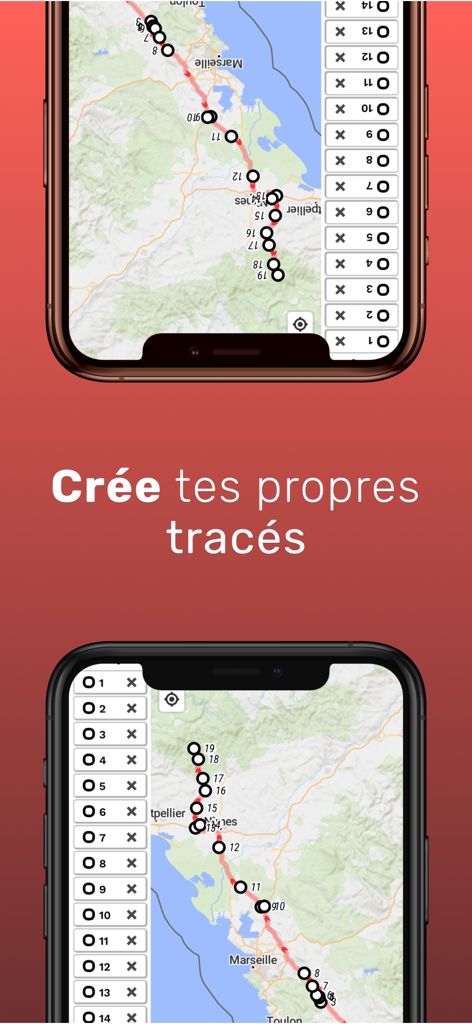 Smartphone screen showing the Liberty Rider app interface for creating custom motorcycle routes with waypoints on a map.