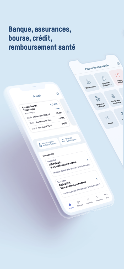 Banque Transatlantique mobile - Tela inicial do aplicativo móvel Banque Transatlantique exibindo saldos de contas e recursos de gestão de patrimônio no iPhone