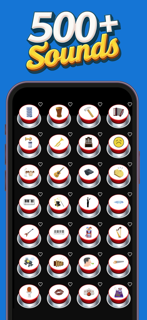 The Prank App - Funny Sounds - A mobile interface showing a collection of over 500 funny sound effect buttons for pranking