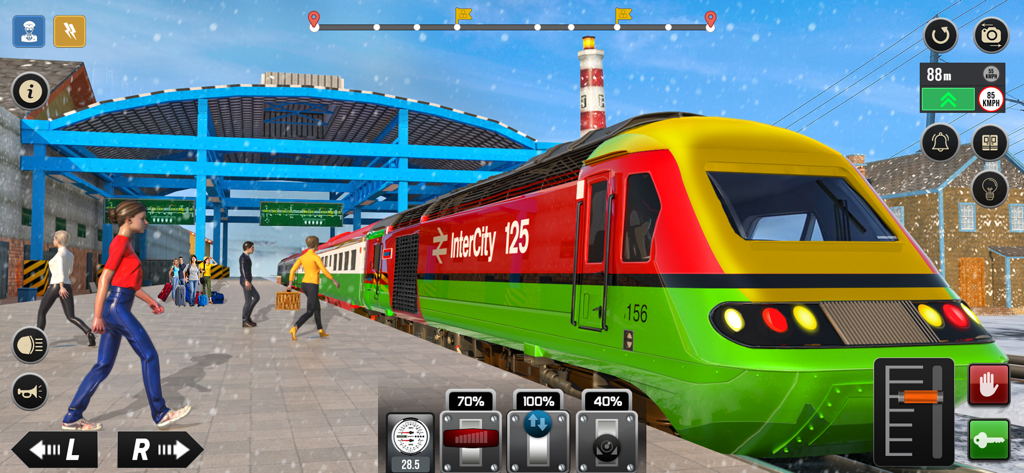 Train Games: Train Simulator - A colorful InterCity train stopped at a snowy station platform with passengers in a simulator game