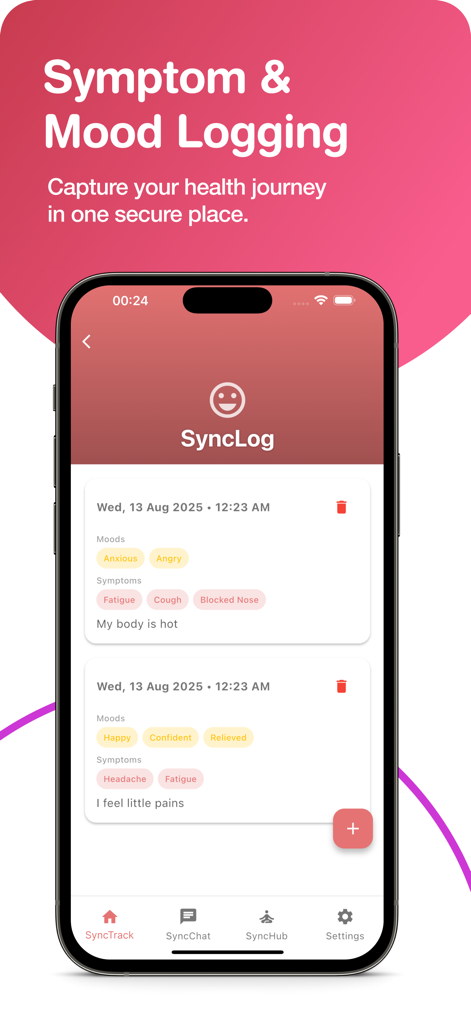 Pantalla móvil de la aplicación HerSync que muestra un registro de síntomas y estados de ánimo para el seguimiento del ciclo.