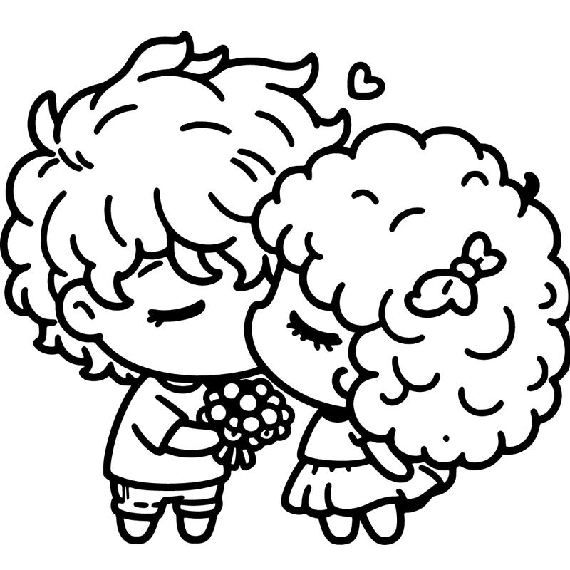 a fluffy hair boy kissing a curly hair girl