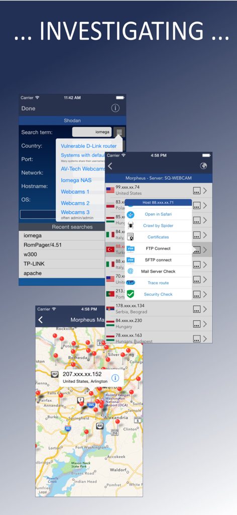 Network Toolbox Net security - Interfaz de la aplicación de ciberseguridad que muestra los resultados de la búsqueda Shodan y el mapeo de ubicación IP