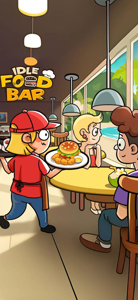 Idle Food Bar: Olivia & Oliver - A cartoon waitress serving a burger to customers at a beachside restaurant in Idle Food Bar.