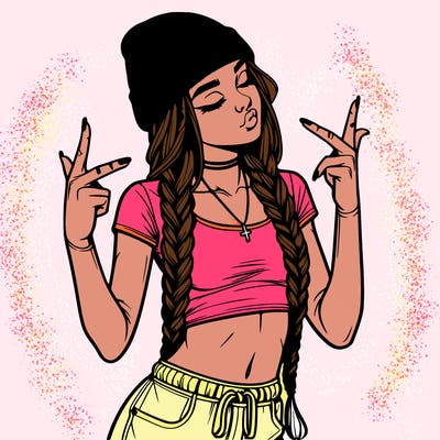 realistic teenage girl with braids and a beanie and crop top doing 🫶🏼