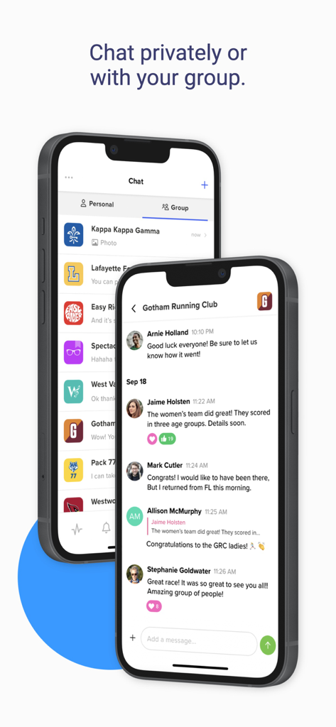 GroupSpot - GroupSpot app screenshot displaying private and group chat interfaces on iPhone
